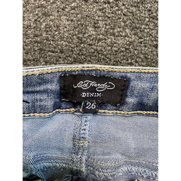 Ed Hardy Flare Blue Jeans Womens 26x32 Tattoo Graphic Embroidered Skull Grunge - Picture 7 of 12